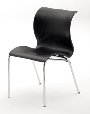 Egymásra rakható szék, műanyag felület, szabadon lengő háttámla, Váz anyaga: krómozott kerek acélcső, Színe: fekete