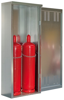Gázpalack tárolószekrény, falak anyaga: horganyzott acéllemez, fenék anyaga: rovátkolt alumínium, 1-szárnyas ajtóval