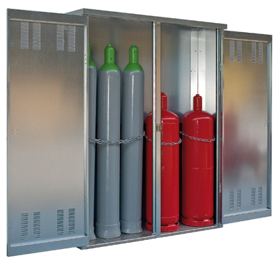 Gázpalack tárolószekrény, falak anyaga: horganyzott acéllemez, fenék anyaga: rovátkolt alumínium, 2-szárnyas ajtóval
