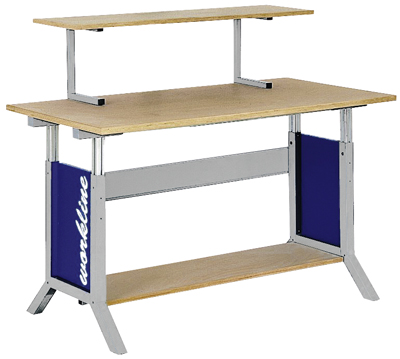 Workline alap asztal munkahely-rendszerhez, 1500 mm-es, asztallap bükk multi-lapból, SzxMéxM: 1500x750x25 mm, fokozatmentes magassságállítás 735-1100 mm között, 3 db rakodó-polc