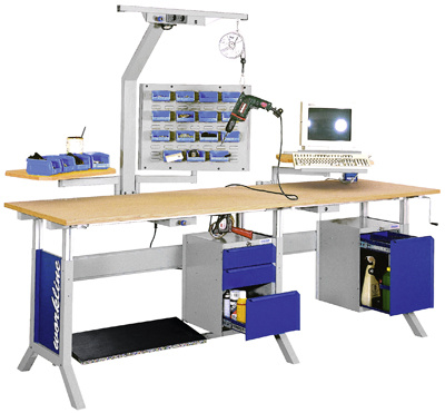 Workline munkahely-rendszer, alap-asztal, 2500 mm-es, asztallap bükk multiplex-lapból, SzxMéxM: 1500x750x25 + 1000x750x25 mm, fokozatmentes magassságállítás kézi hajtókarral 735-1100 mm között