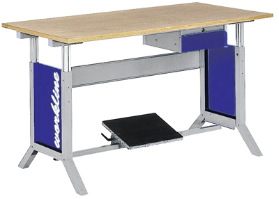 Munkaasztal, alap-asztal, állítható magasság szorító előkészítéssel, láb-támasz és M: 100 mm-es függő-irattartó fiókkal, SzxMéxM: 1500x750x735-1100 mm