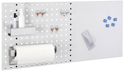 Kiegészítő munkahely-rendszerhez: organizációs-fal, SzxM: 1000x450 mm, színe: RAL 7035 világosszürke, bal oldalon: feliratozható fal, jobb oldalon perforált-fal, mellékelve: 3 készlet tartozék