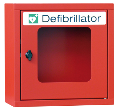 Függő-szekrény defibrillátorhoz riadó-funkció nélkül, az ajtó ablakkal és forgózárral, SzxMéxM: 400x200x360 mm, színe: RAL 3000 tűzpiros