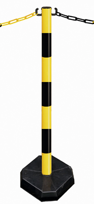 Láncos lezáró oszlop, anyaga: műanyag, színe: fekete/sárga, kerek, átmérő: 48 mm, láb-talp: 280x280 mm, 3 kg-os láb-nehezékkel