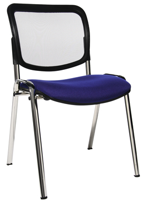 Vendég szék, egymásra rakható, Támla: háló betétes fekete, Ülőke: kék, Össz. magasság: 860 mm, Ülőke Sz x Mé x M: 470x430x450 mm, Állvány: krómozott ovális cső, 4 db/csomag