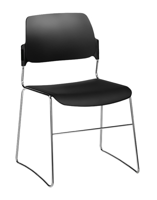 Egymásra rakható szék, Anyaga: fekete műanyag, Támla magasság: 390 mm, Ülőke Sz x Mé x M: 400x460x435 mm, krómozott csúszótalp állvány, nem párnázott