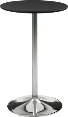 Álló büféasztal tányértalppal - átmérő:  560 mm,  krómozott acélcső vázzal, ma: 1100 mm,  kerek 25 mm vastag asztallappal - átmérő: 700 mm, asztallap/perem: fekete