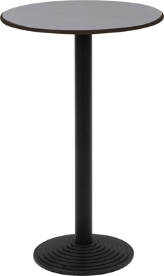 Álló büféasztal öntvény tányértalppal - átmérő:  440 mm,  fekete oszloppal ,  ma: 1100 mm,  kerek 25 mm vastag asztallappal - átmérő: 700 mm, asztallap/perem: sziklaszürke/fekete műgyanta bevonattal