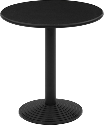 Álló büféasztal öntvény tányértalppal - átmérő:  440 mm,  fekete oszloppal ,  ma: 750 mm,  kerek 25 mm vastag asztallappal - átmérő: 700 mm, asztallap/perem: fekete, műgyanta bevonattal