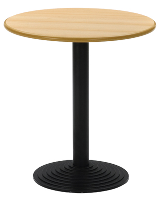 Álló büféasztal öntvény tányértalppal - átmérő:  440 mm,  fekete oszloppal ,  ma: 750 mm,  kerek 25 mm vastag asztallappal - átmérő: 700 mm, asztallap/perem: bükk mintázattal, műgyanta bevonattal