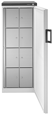 Közösségi hűtőszekrény 8 zárható rekesszel, szé x mé x ma: 602x600x1590 mm, 360 literes űrtartalommal.