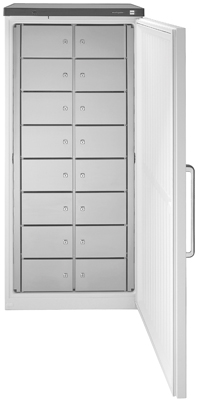 Közösségi hűtőszekrény 16 zárható rekesszel, szé x mé x ma: 750x750x1864 mm, 583 literes űrtartalommal.