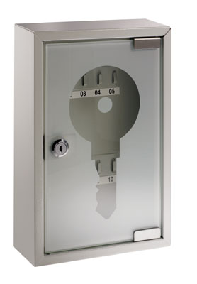 Kulcstároló szekrény üveges ajtóval, 10 db kulcs részére, Sz x Mé x M: 30x20x80 cm, Színe: szürke
