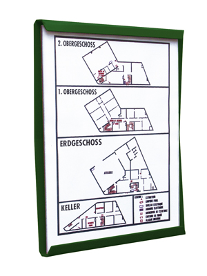 Beltéri információs vitrin, 18 mm vastag, 2  db 4 mm-es plexiüvegtábla, falra szerelhető, szé x ma: 234x307 mm, színe:  zöld