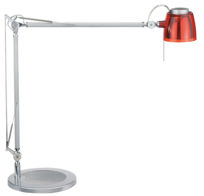 Asztali lámpa, anyaga: műanyag, halogén: 50 W-os, kar hossza alul/felül: 400/400 mm, M: 540 mm, a kar és reflektor mozgatható, vilgítótest színe: piros, átlatszó