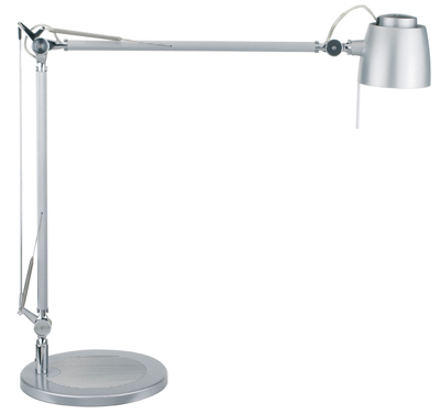 Asztali lámpa, anyaga: műanyag, halogén: 50 W-os, kar hossza alul/felül: 400/400 mm, M: 540 mm, a kar és reflektor mozgatható, vilgítótest színe: matt-ezüst