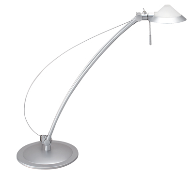 Halogén asztali lámpa, Színe: ezüst, Üveg: fehér, Kar: alumínium/mozgatható, Méret: 670x210x135 mm