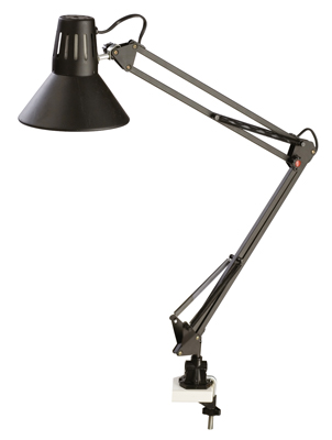 Munkahelyi lámpa, fekete, fém, két csuklóval,    asztali rögzítővel,230V 60W, fényforrás nélkül szállítjuk