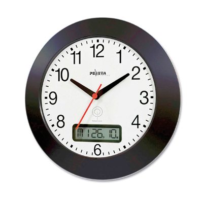 Rádiós óra dátumkijelzővel, 300 mm-es átmérővel, fehér számlappal, fekete számokkal, fekete műanyag házzal