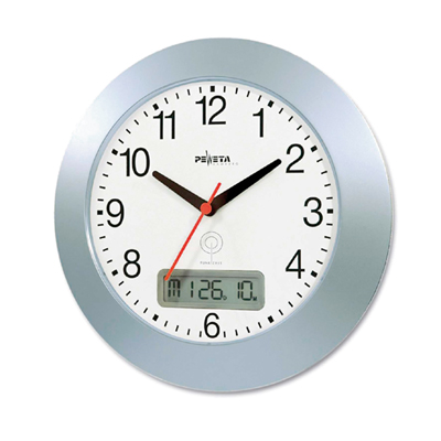 Rádiós óra dátumkijelzővel, 300 mm-es átmérővel, fehér számlappal, fekete számokkal, ezüstmetál műanyag házzal