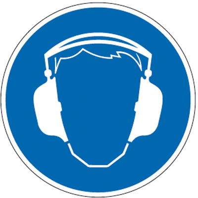 Figyelmeztető tábla,"Fülvédő használata szükséges",Műanyag, Átmérő 400mm
