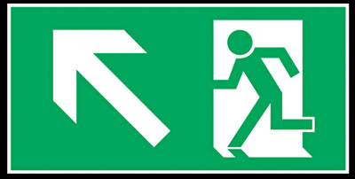 Figyelmeztető tábla, "Menekülési útvonal felfelé balra",  Műanyag, 200x400mm