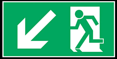 Figyelmeztető tábla, "Menekülési útvonal lefelé balra",  Alu, 150x300mm