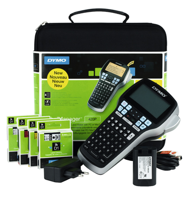 Címkenyomtató-készlet, LabelManager feliratozógép D420P+ bőrönd, mellékelve hálózati csatlakozó + stabil bőrönd