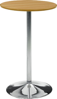Álló büféasztal tányértalppal - átmérő:  560 mm,  krómozott acélcső vázzal, ma: 1100 mm,  kerek 25 mm vastag asztallappal - átmérő: 700 mm, asztallap/perem: bükk mintázattal