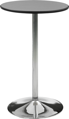 Álló büféasztal tányértalppal - átmérő:  560 mm,  krómozott acélcső vázzal, ma: 1100 mm,  kerek 25 mm vastag asztallappal - átmérő: 700 mm, asztallap/perem: sziklaszürke/fekete