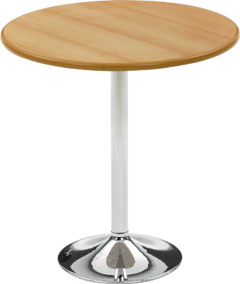 Asztal tányértalppal - átmérő: 380 mm, krómozott acélcső vázzal, ma: 740 mm,  kerek 25 mm vastag asztallappal - átmérő: 700 mm, asztallap/perem: bükk mintázattal