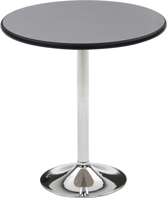 Asztal tányértalppal - átmérő: 380 mm, krómozott acélcső vázzal, ma: 740 mm,  kerek 25 mm vastag asztallappal - átmérő: 700 mm, asztallap/perem: sziklaszürke/fekete
