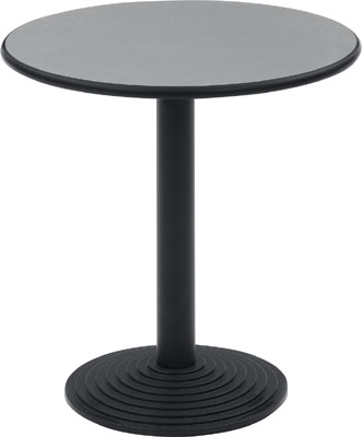 Álló büféasztal öntvény tányértalppal - átmérő:  440 mm,  fekete oszloppal ,  ma: 750 mm,  kerek 25 mm vastag asztallappal - átmérő: 700 mm, asztallap/perem: sziklaszürke/fekete műgyanta bevonattal