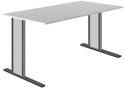 Íróasztal, SzxMéxM: 1600x800x750 mm, C-formátumú állvány nemesacélból, asztallap színe: fehér, benne: kábel-csatorna