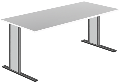 Íróasztal, SzxMéxM: 1800x900x750 mm, C-formátumú állvány nemesacélból, asztallap színe: fehér, benne: kábel-csatorna