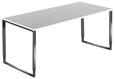 Íróasztal, SzxMéxM: 1800x900x680-820 mm, csúszótalpas állvány nemesacélból, asztallap színe: fehér, benne: kábel-csatorna